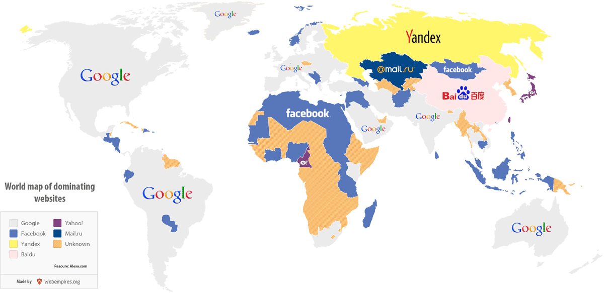 国別で最も人気のWebサイト別に色分けした世界地図、日本は「Yahoo!」