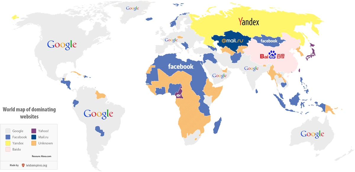 国別で最も人気のwebサイト別に色分けした世界地図 日本は Yahoo Qlay