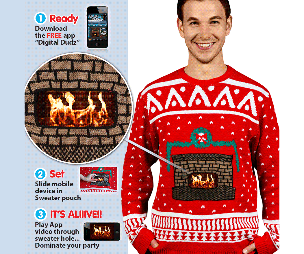 スマホを装着することでお腹がパチパチと燃える暖炉になっちゃうセーター