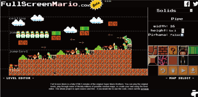 HTML5でリメイクされたスーパーマリオ「Full Screen Mario」が凄い！MAPも作れるよ！