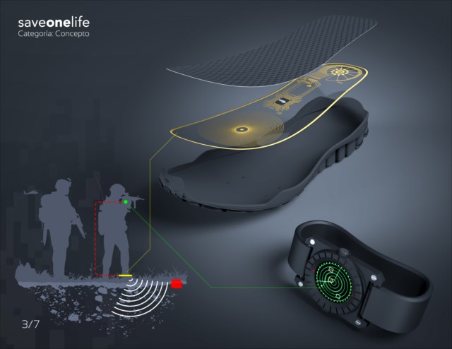 靴底のセンサーで地雷を感知してリストバンドで知らせる「SaveOneLife」というコンセプトが素晴らしい